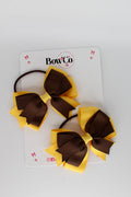 School Bows Brown and Yellow Gold - Double Tail Bow Set - Elastic