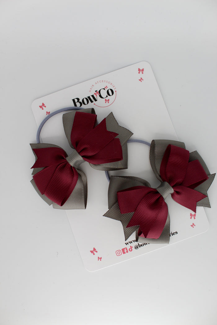 School Bows Burgundy and Metal Grey - Double Tail Bow Set - Elastic