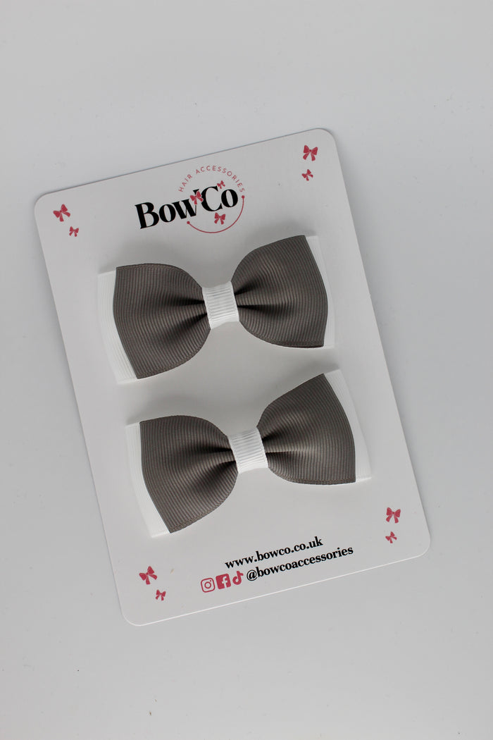 School Bows Metal Grey and White - Double Lapel Bow Set - Clip