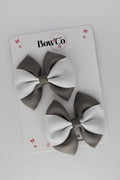 School Bows Metal Grey and White - Round Tuxedo Bow Set - Clip