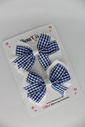 School Navy Blue Bow Gingham Double Tail Bow Set - Clip
