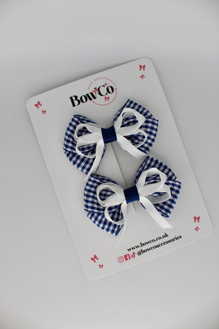 School Navy Blue Gingham Double Bow Set - Clip
