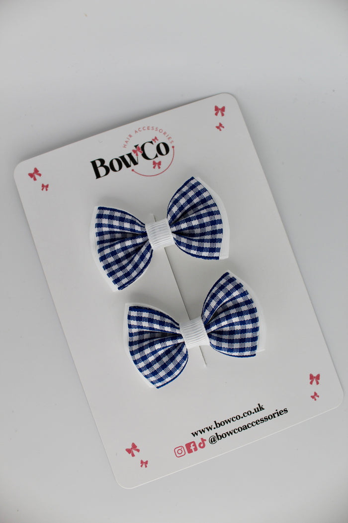 School Navy Blue Gingham Double Lapel Bow Set - Clip