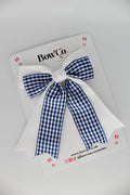 School Navy Blue Gingham Double Ribbon Tail Bow - Clip