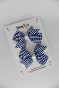 School Navy Blue Gingham Layer Tail Bow Set - Clip