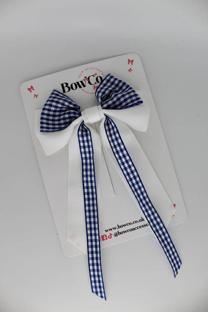 School Navy Blue Gingham Streamer Tail Bow - Clip