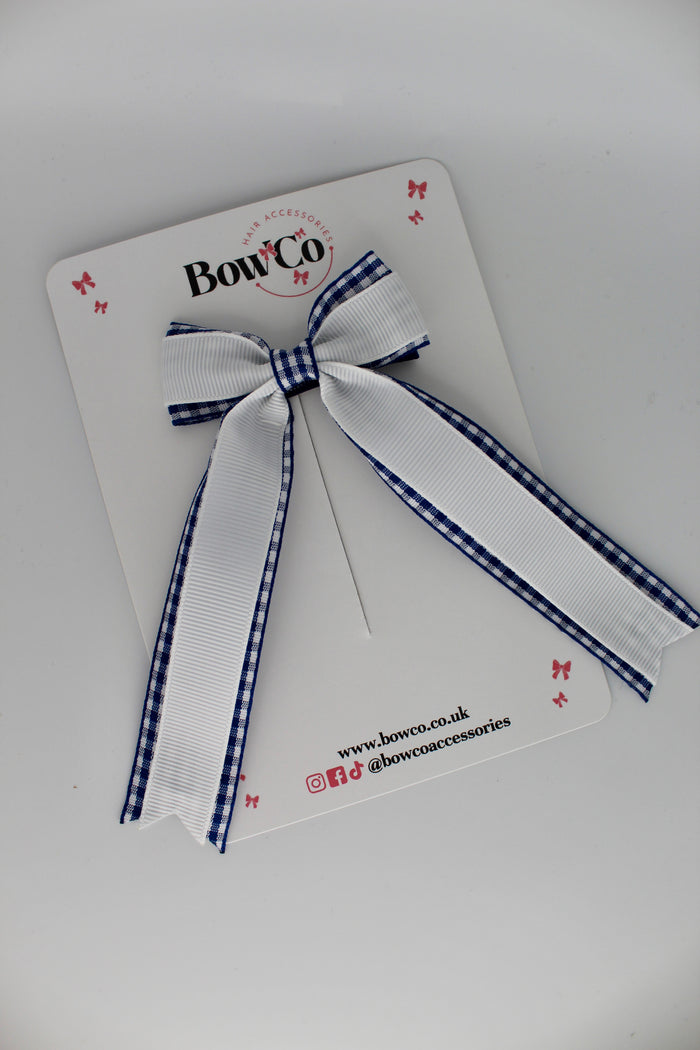 School Navy Blue Gingham Tuxedo Tail Bow - Clip