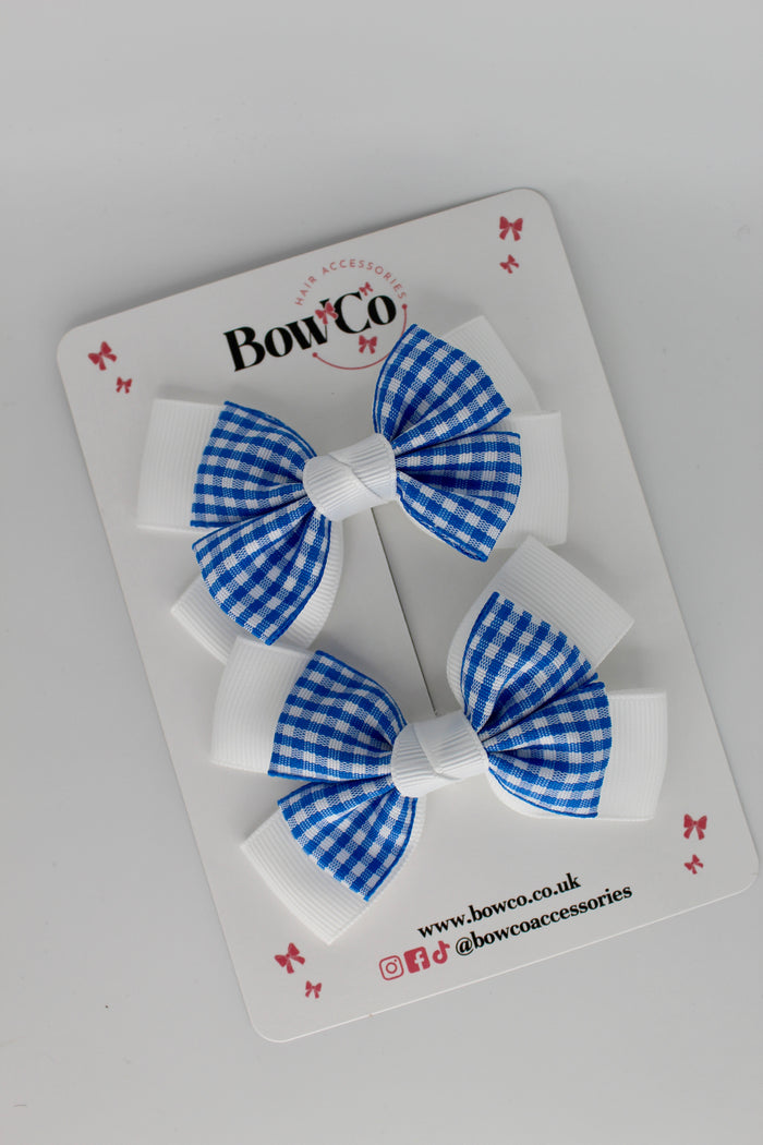 School Royal Blue Gingham Layer Bow Set - Clip