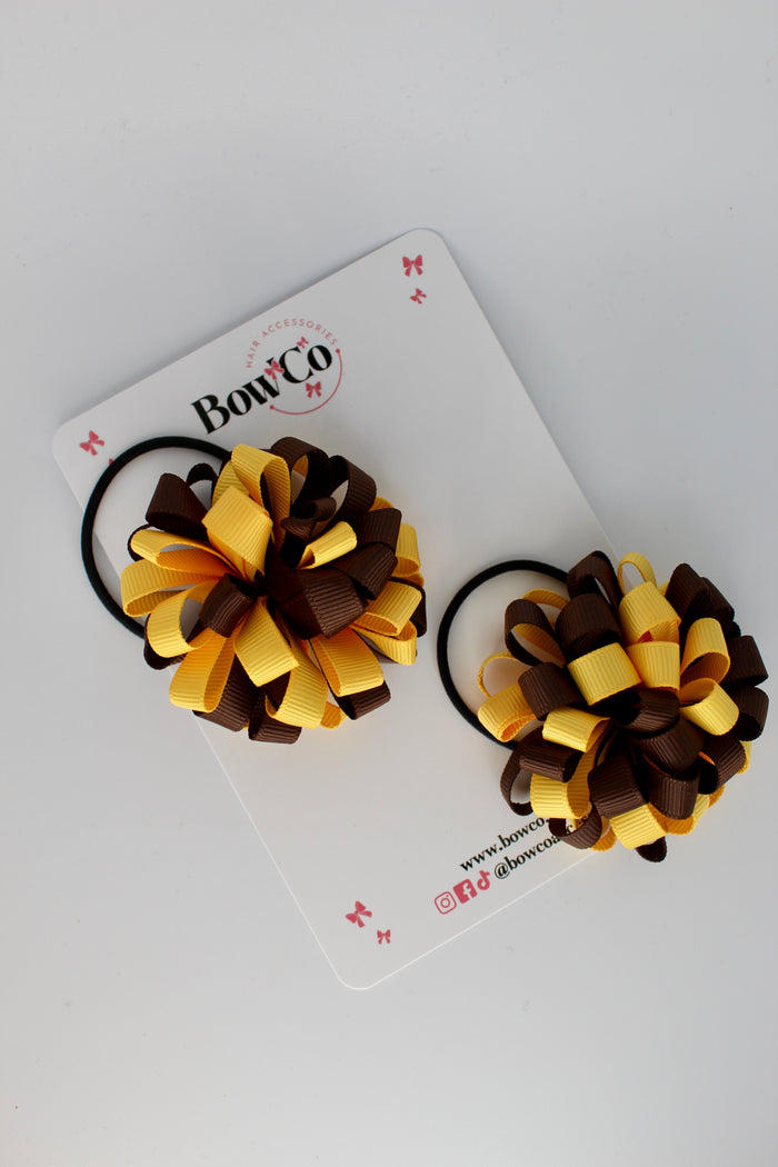 Schools Bows Brown and Yellow Gold - Pom Pom Bow Set