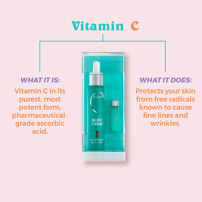 Informative graphic talking about the benefits of Vitamin C in Sensitiv C Sérum such as protecting skin from free radicals which cause fine line and wrinkles.