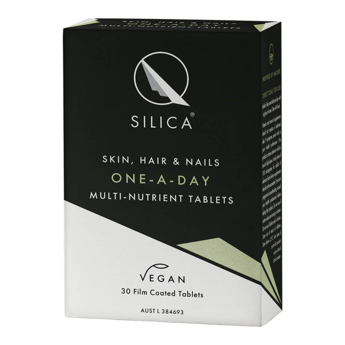 Box of Qsilica Skin, Hair & Nails One-A-Day multi-nutrient tablets on a white background.
