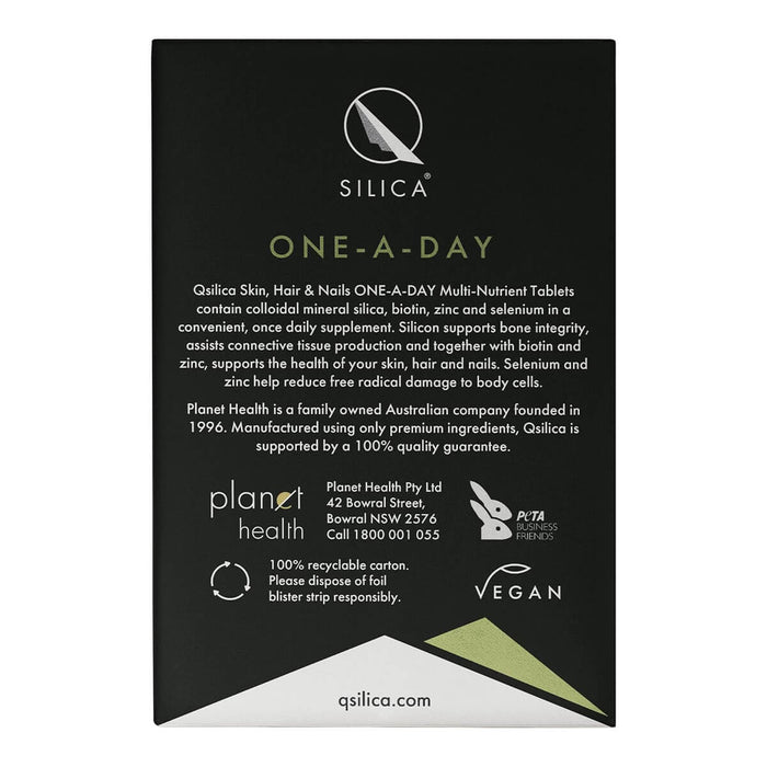 Back of Qsilica One-A-Day supplement packaging with branding and product details.
