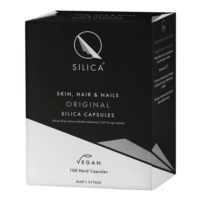Qsilica Skin, Hair & Nails Original Silica Capsules box on a white background.