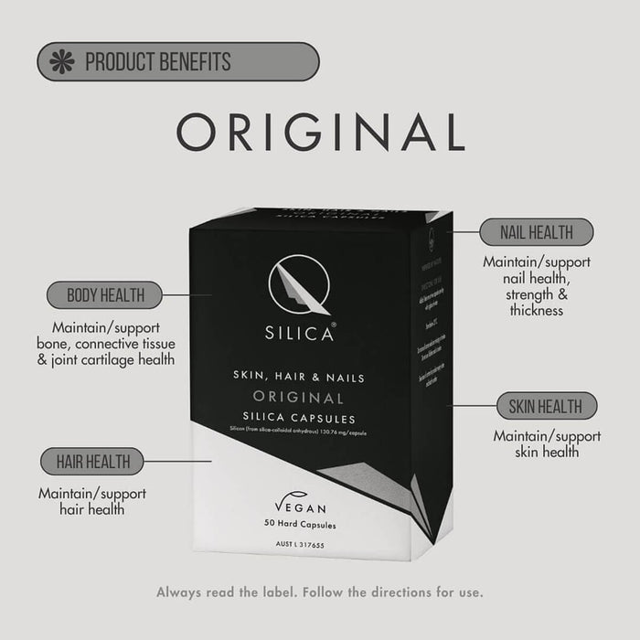 Qsilica Skin, Hair & Nails supplement packaging with product benefits listed.