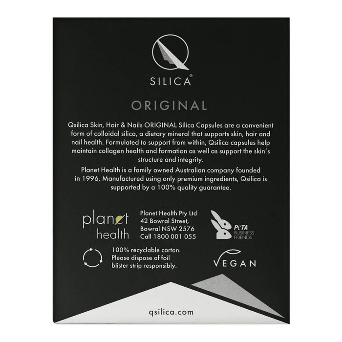 Back of Qsilica supplement packaging with brand information on a white background.