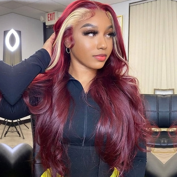 skunk stripe 99j and blonde wavy human hair bundles with lace closure human hair weave