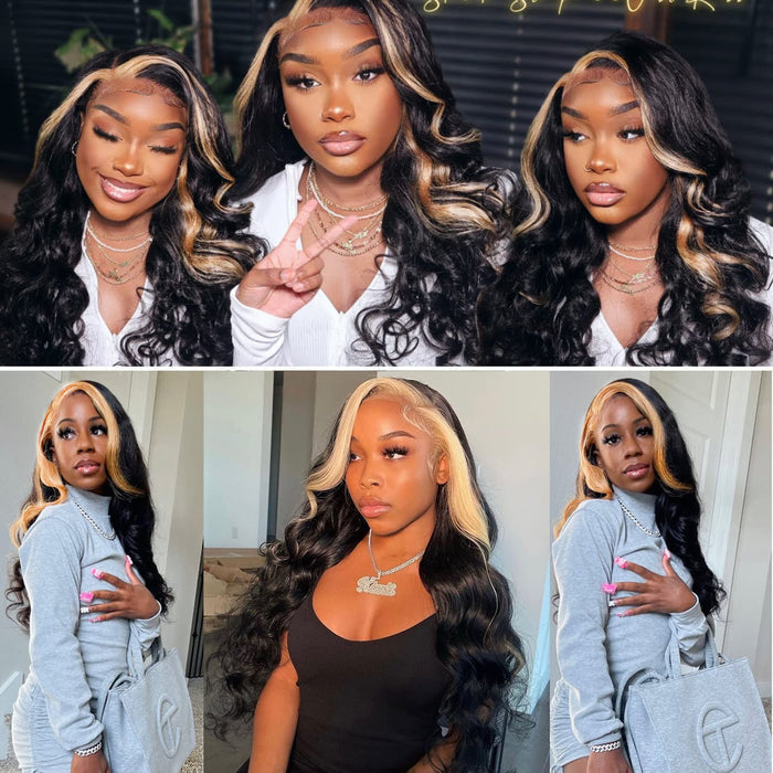 skunk stripe wavy black human hair bundles with lace closure blonde virgin hair