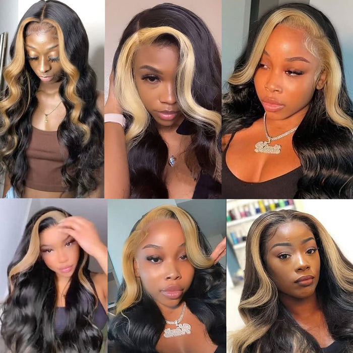 skunk stripe wavy black human hair 3 bundles with lace closure blonde virgin hair