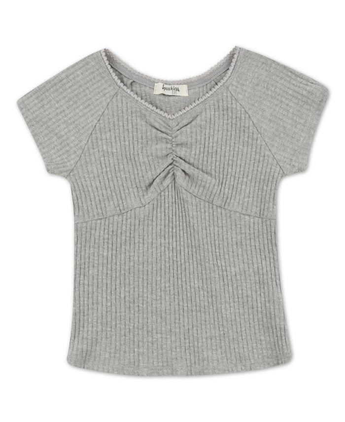 Speechless Girls Cinched Detail Knit Ribbed V-neck Top - Heather Gray