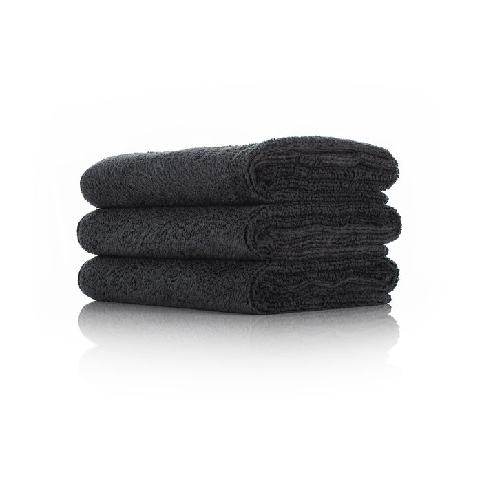 The Rag Company Spa and Workout 16x27 black 3 pack stacked view on a white background.