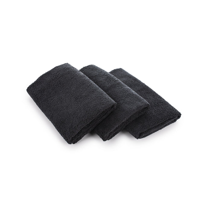 The Rag Company Spa and Workout 16x27 black 3 pack layered view on a white background.