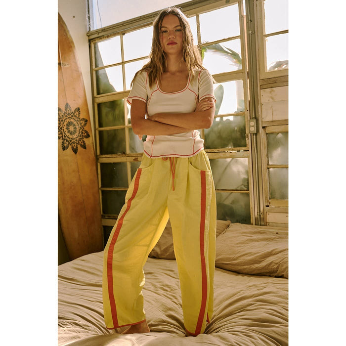SPORTY STRIPE NYLON PULL ON BARREL LEG PANTS: YELLOW/ORANGE