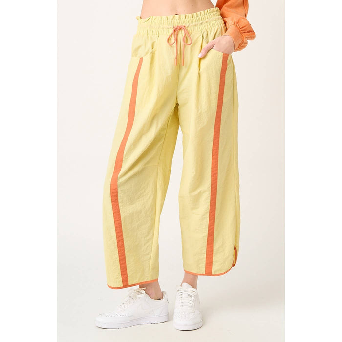 SPORTY STRIPE NYLON PULL ON BARREL LEG PANTS: YELLOW/ORANGE