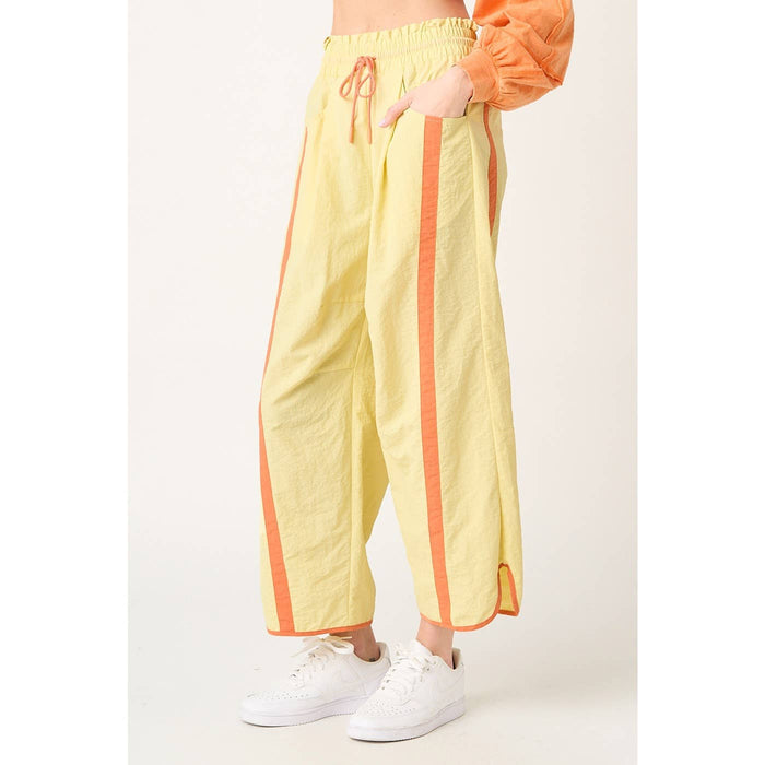 SPORTY STRIPE NYLON PULL ON BARREL LEG PANTS: YELLOW/ORANGE