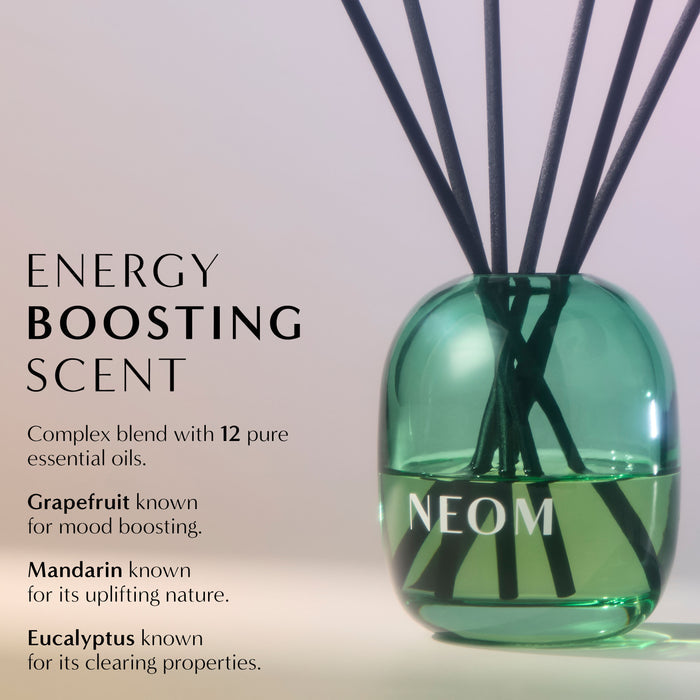 "ENERGY BOOSTING REED DIFFUSER. Complex blend of 7 pure essential oils. Grapefruit known for mood boosting. Mandarin known for its uplifting nature. Eucalyptus known  for its clearing properties"