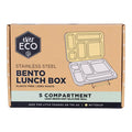 Cardboard packaging of a stainless steel bento lunch box with Ever Eco branding. 5 compartments with a leak resistant silicone seal.
