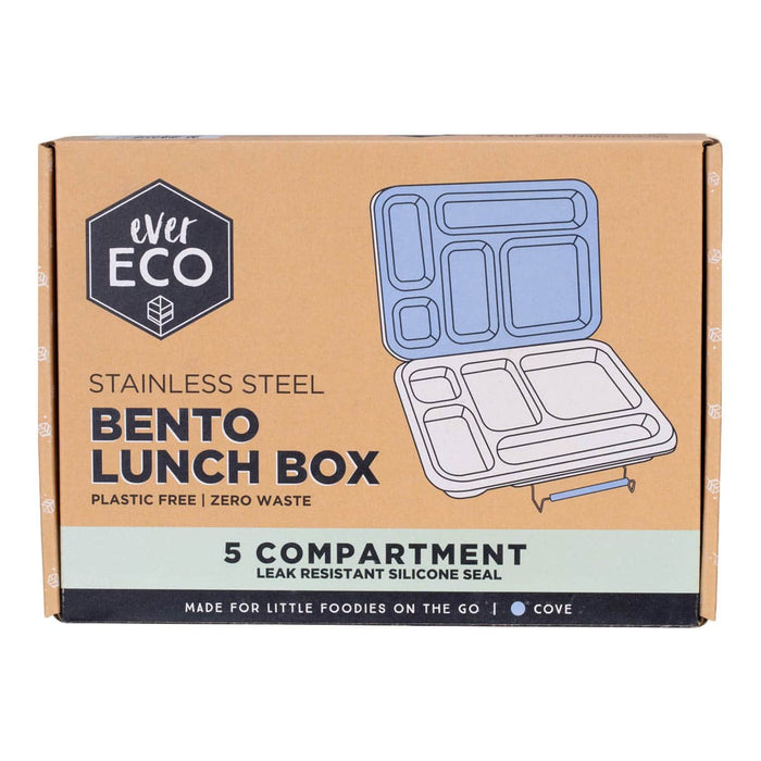 Cardboard packaging of an Ever Eco stainless steel bento lunch box with a diagram on a white background. In the colour 'Cove' (light blue) for the silicone seal.