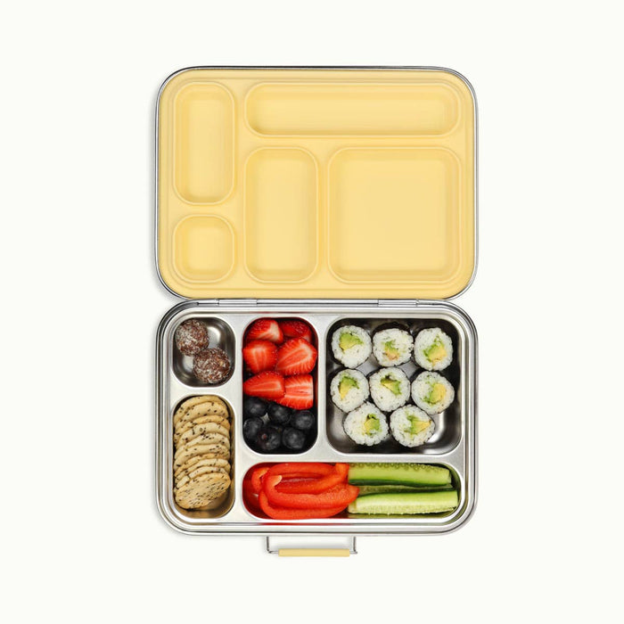 Ever Eco Stainless Steel Bento Lunch Box - 5 compartment. 'Buttercup' yellow silicone insert.