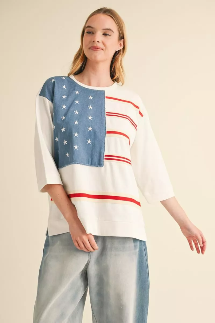 Star-Spangled Denim Patch Flag Top