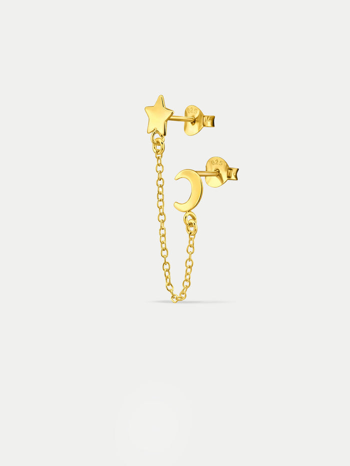 Sterling Silver Moon and Star Drop Stud Earring | Gold-Image 1