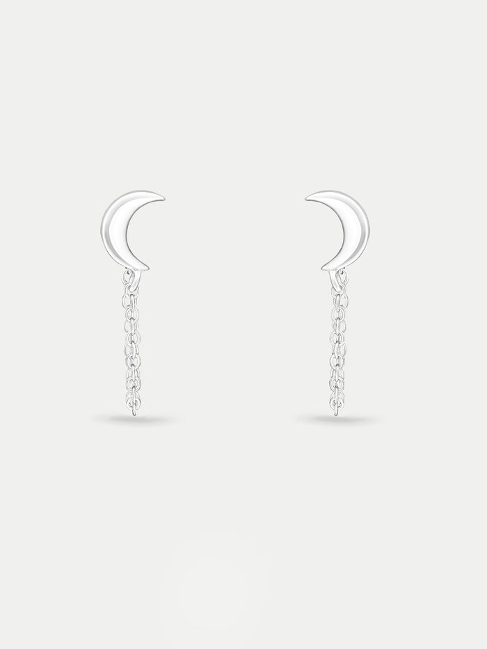 Sterling Silver Moon Drop Chain Stud Earrings | Silver-Image 1