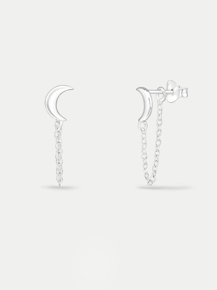 Sterling Silver Moon Drop Chain Stud Earrings | Silver-Image 2