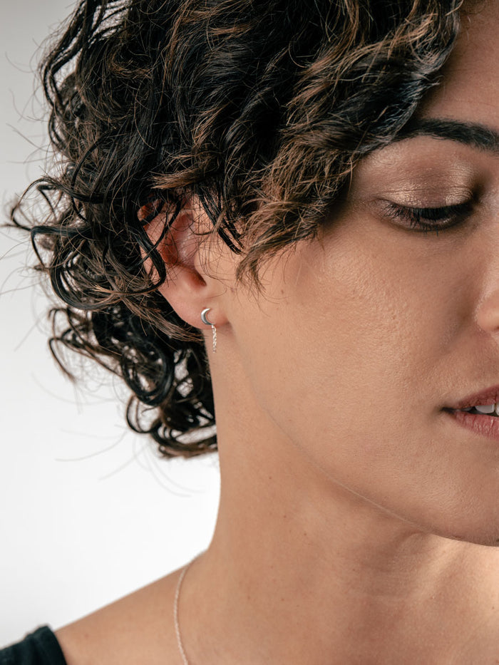 Sterling Silver Moon Drop Chain Stud Earrings | Silver-Image 3