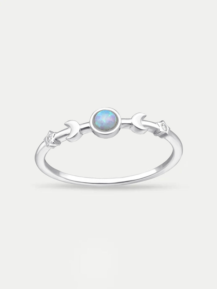 Sterling Silver Triple Moon and Stars Opal Gem Ring | Silver-Image 1