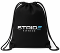 Black STRIDE Fitness drawstring bag designed for carrying gym gear, shoes, and daily workout essentials