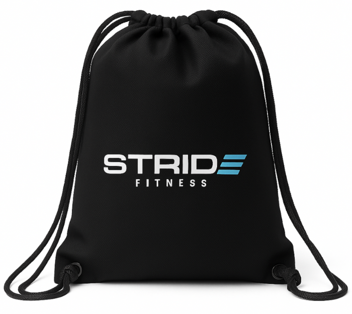 Black STRIDE Fitness drawstring bag designed for carrying gym gear, shoes, and daily workout essentials