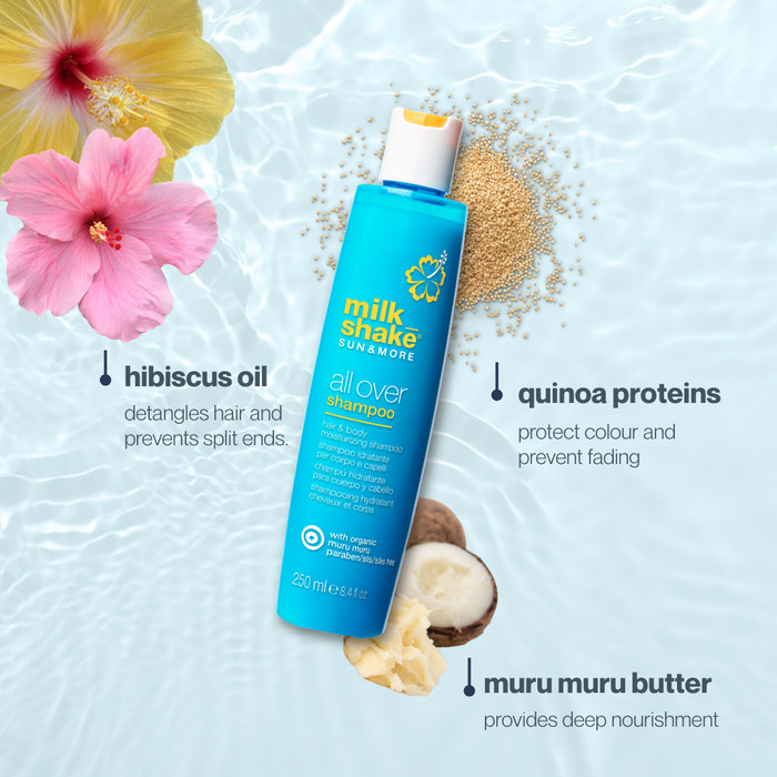 milk_shake SUN&MORE hair care product with hibiscus oil and quinoa proteins on a light blue background with flowers.