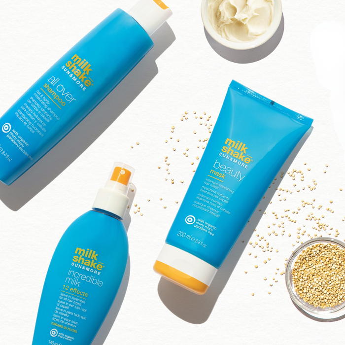 milk_shake SUN&MORE hair care products on a white background with visible ingredients.