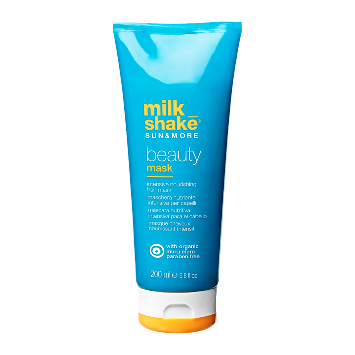 Blue tube of milk_shake Sun & More beauty mask on a white background