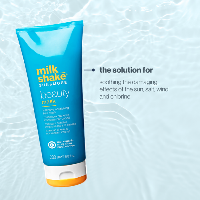 Blue tube of milk_shake  Sun & More beauty mask on a light blue background