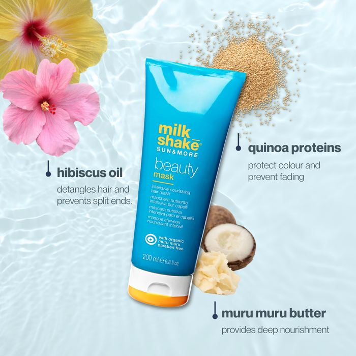 Tube of milk_shake  sun & more beauty mask with ingredients and flowers on a light background
