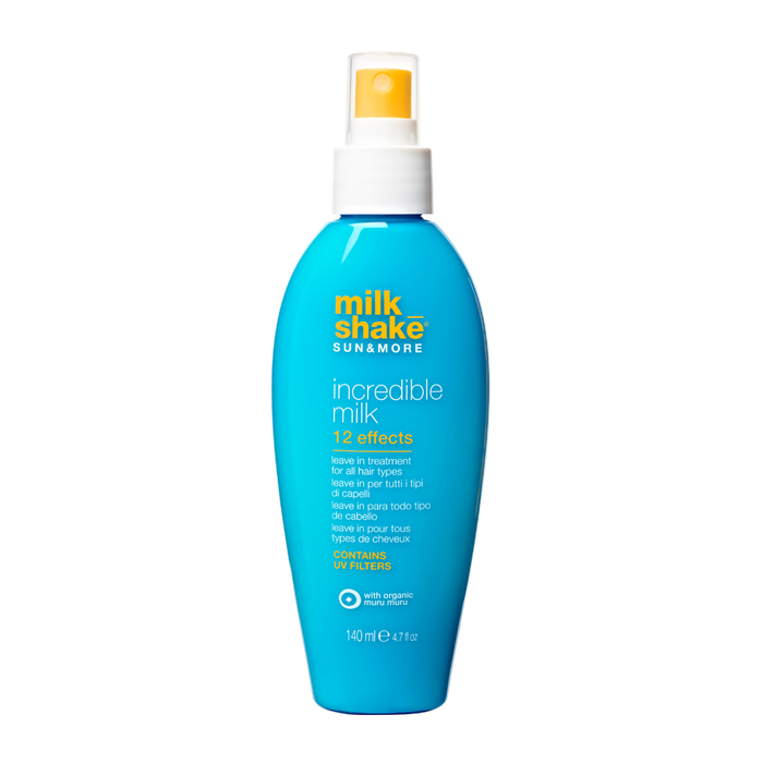 Blue bottle of milk_shake SUN&MORE hair product on a white background