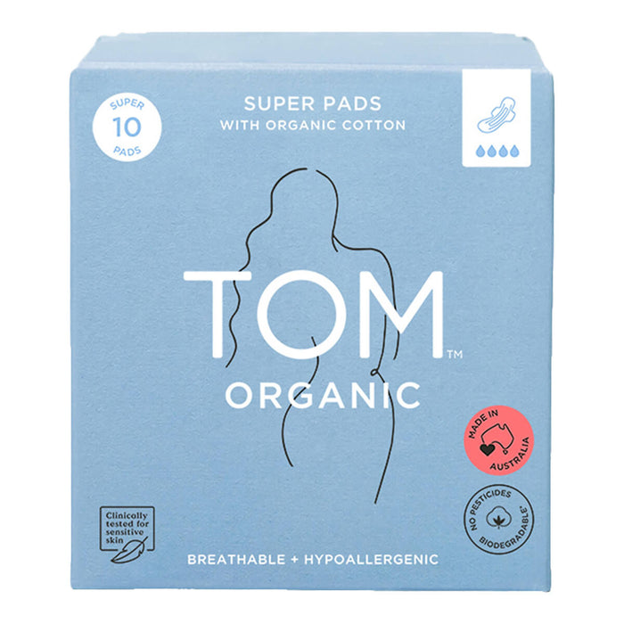 10 pack of organic cotton ultra thin pads designed for a heavy flow or during the night. These pads are hypoallergenic for sensitive skin, and made of a brethable and biodegradable material.