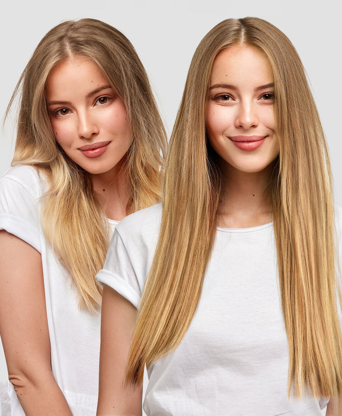 tape-in hair extensions blonde balayage.