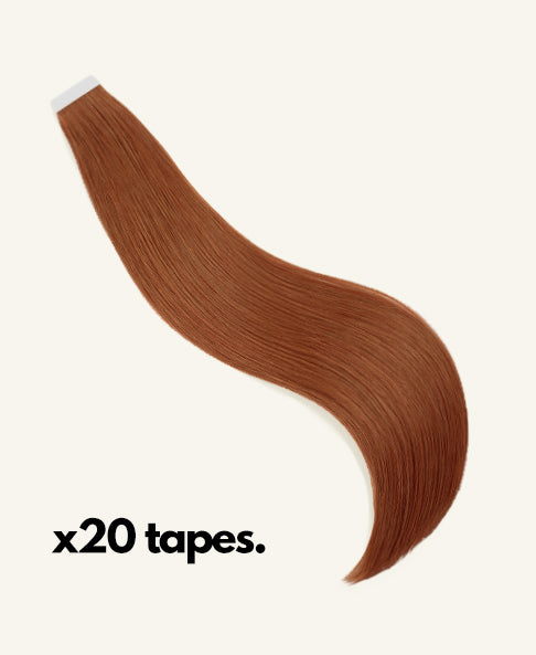Brown hair extension with 'x20 tapes.' text on a white background