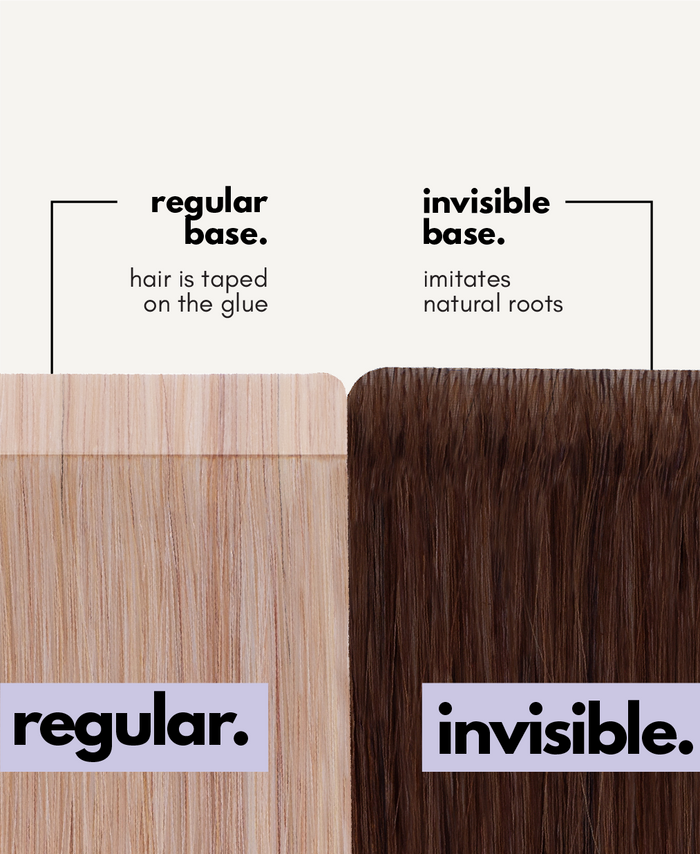 Comparison of 'regular' and 'invisible' hair  extensions base types with text labels on a white background.